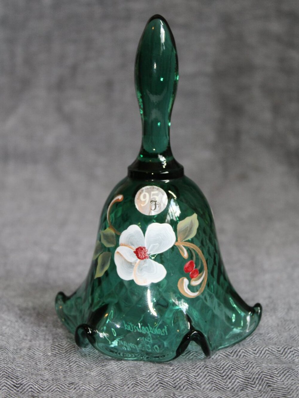Fenton 95th Anniversary Spruce Green w/ Hand Painted Magnolias Glass Bell